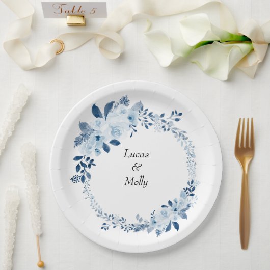 モダンブルーフレンチフラワーの結婚式 ペーパープレート (ウェディング)