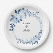 モダンブルーフレンチフラワーの結婚式 ペーパープレート (正面)