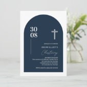 モダンブルーミニマルアーチ男の子命名式招待状 招待状 (スタンド正面)