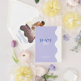 モダンブルーラベンダーウェー縁どプ写真結婚s サンキューカード