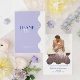 モダンブルーラベンダーウェー縁どプ写真結婚s サンキューカード