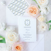 モダンブルーワイルドフラワーモノグラム結婚クレスト 招待状