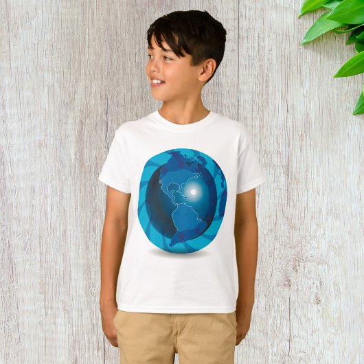 モダンブルー地球グローブ世界地図 Tシャツ