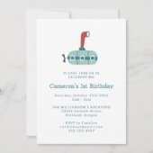 モダンブルー潜水艦 シンプル1歳誕生日 招待状 (正面)