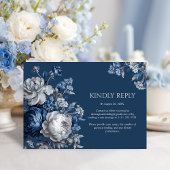 モダンブルー&グレイフローラ結婚ズ 出欠カード