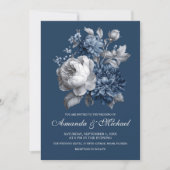 モダンブルー&グレイフローラ結婚ズ 招待状 (正面)