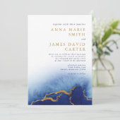 モダンブルー&ゴールドの水彩結婚式招待状 招待状 (スタンド正面)