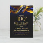 モダンブルー＆ゴールドの100歳の誕生日パーティー 招待状 (スタンド正面)