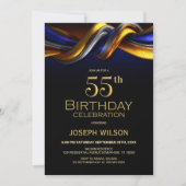 モダンブルー&ゴールドの55歳の誕生日パーティー 招待状 (正面)