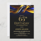 モダンブルー&ゴールドの65歳の誕生日パーティー 招待状 (正面)
