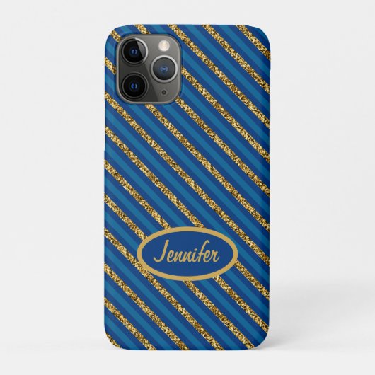 モダンブルー&ゴールドストライプ 名前カスタマイズ Case-Mate iPhoneケース (裏)
