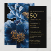 モダンブルー フラワー ブラック ゴールド 50周年記念 招待状 (正面/裏面)