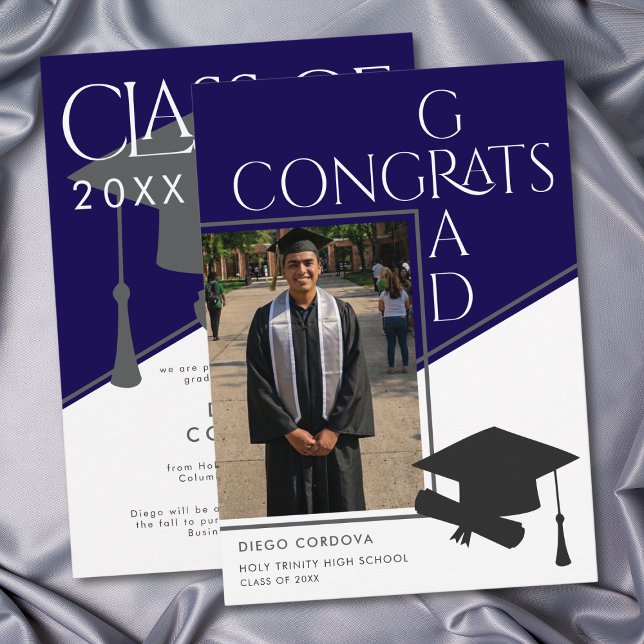 モダンブルー ホワイト ジオメトリック 写真 卒業 (Modern Blue White Geometric Photo Graduation)