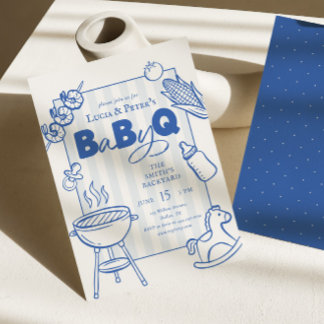 モダンブルーBBQカップルベビーQベビーシャワー 招待状