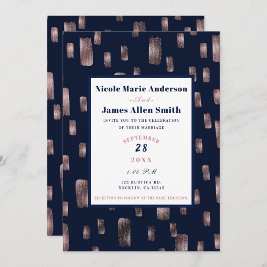 モダンブ絵を描ラシバラ金ゴールド&ネイビーブルー結婚ズ 招待状 (正面/裏面)