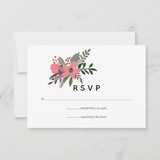 モダンプラムとピンクのフローラ結婚ズ 出欠カード (正面)