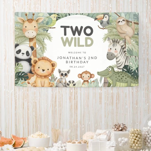 モダンプレッピーワイルドな2歳の誕生日 ジュングル動物 横断幕
