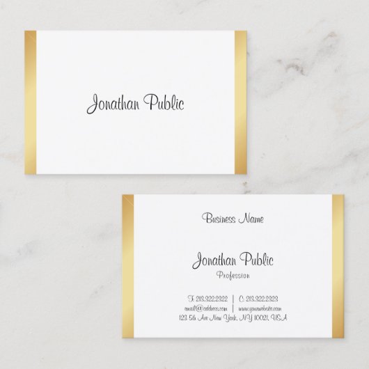 モダンプロフェッショナルエレガント手書き金ゴールド白 名刺 (正面/裏面)