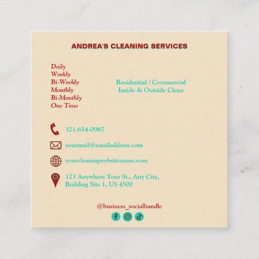 モダンプロフェッショナルクリーニングサービス赤とティール（緑がかった色） スクエア名刺 (裏面)