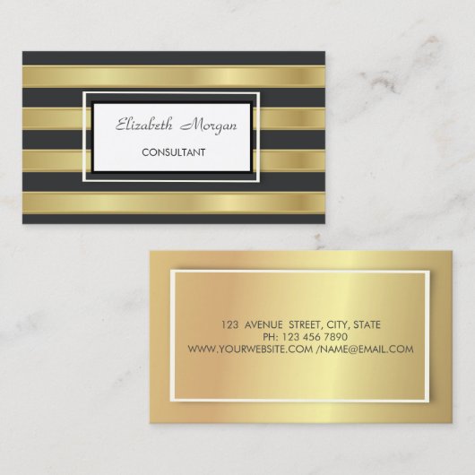 モダンプロフェッショナルスタイリッシュ金ゴールドブラックストライプ 名刺 (正面/裏面)