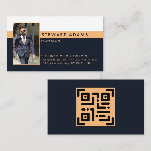 モダンプロフェッショナルネイビー青と金ゴールド写真 名刺 (正面/裏面)