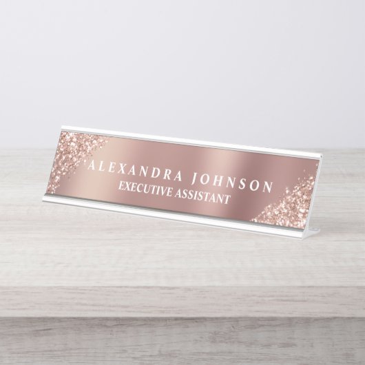 モダンプロフェッショナルバラ金ゴールドスパークルグリッター デスクネームプレート (正面)