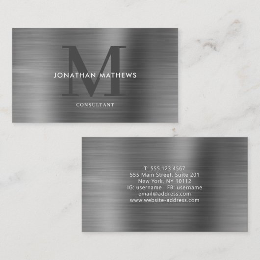 モダンプロフェッショナルブラシ仕上げメタリックグレーモノグラム 名刺 (正面/裏面)