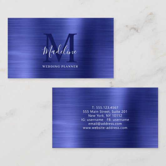 モダンプロフェッショナルブラシ仕上げメタリックブルーモノグラム 名刺 (正面/裏面)