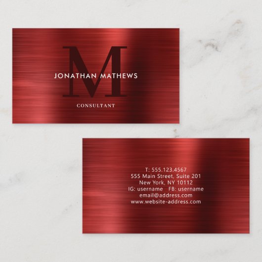 モダンプロフェッショナルブラシ仕上げメタリックレッドモノグラム 名刺 (正面/裏面)