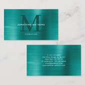 モダンプロフェッショナルブラシ仕上げ金属ティール（緑がかった色）モノグラム 名刺 (正面/裏面)
