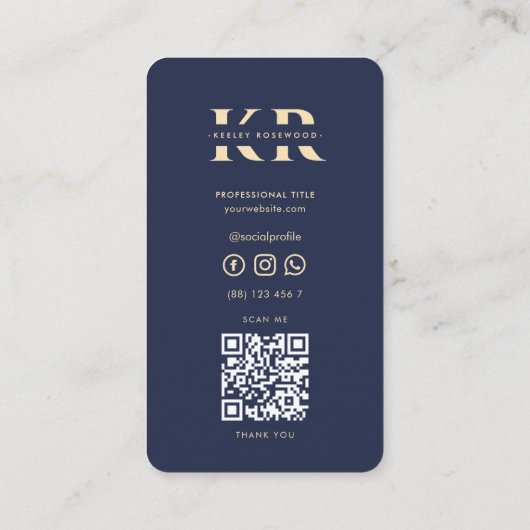 モダンプロフェッショナルモノグラムエレガントダークブルー 名刺 (裏面)