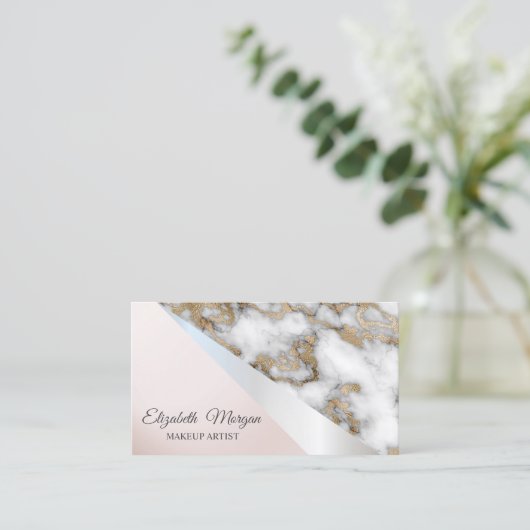 モダンプロフェッショナル幾何学模様、白金ゴールド大理石 名刺 (スタンド正面)