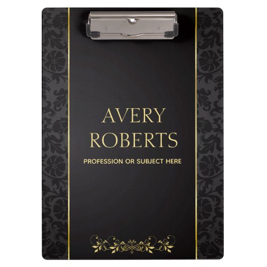 モダンプロフェッショナル金属フローラブラック金ゴールド クリップボード (正面)