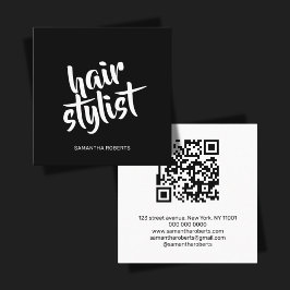 モダンヘアスタイリストのスクリプト 黒白QRコード スクエア名刺