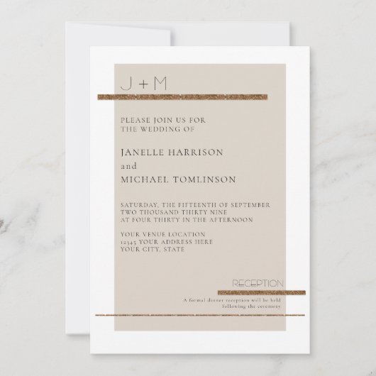 モダンベシンプルージュタン金ゴールドデ結婚コズ 招待状 (正面)