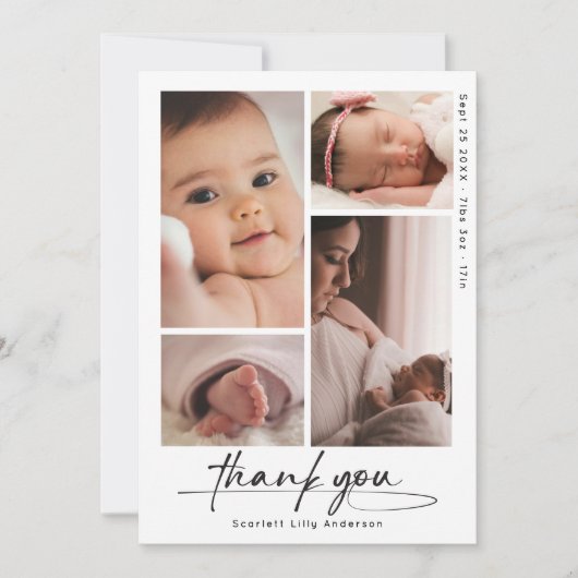 モダンベビーありがとうシンプルScript Photo Collage サンキューカード (正面)
