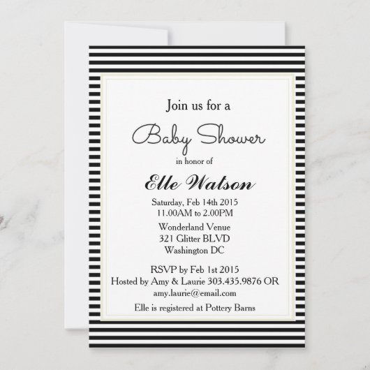 モダンベビーシャワー招待状、白黒ストライプ 招待状 (正面)