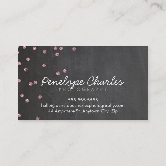 モダンベビーピンクグリッター紙吹雪ドット黒板 名刺 (正面)