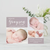 モダンベビーフォトコラージュダスティパープル誕生 案内状 (スタンド正面)