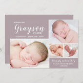 モダンベビーフォトコラージュダスティパープル誕生 案内状 (正面/裏面)