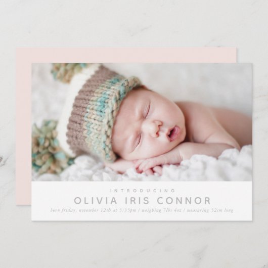 モダンベビーフォトシンプルミニマルスタイルピンク 案内状 (正面/裏面)