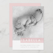 モダンベビーフォトシンプル女子ピンクパネルオーバーレイ 案内状 (正面/裏面)