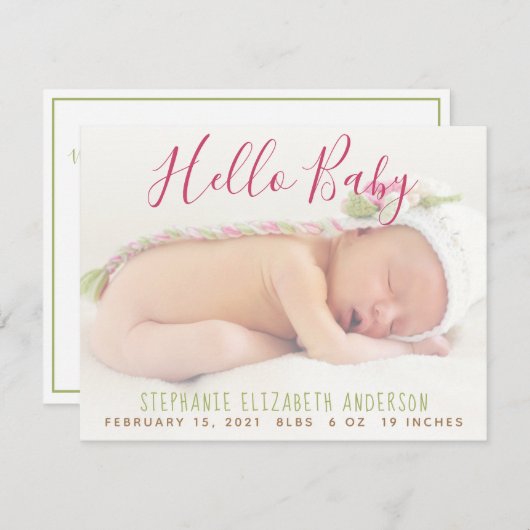 モダンベビーフォトピンク生誕通知カード 案内状 (正面/裏面)