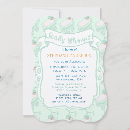 モダンベビーミント男女兼用ベビー乳母車シャワー 招待状 (正面)