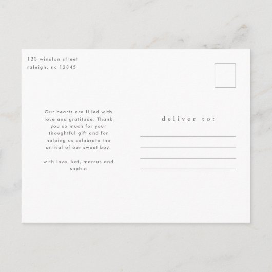 モダンベビー写真サンキュー誕生 案内ポストカード (裏面)