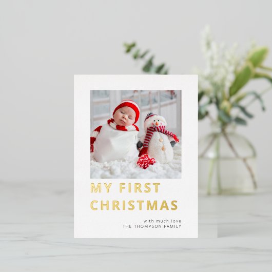 モダンベビー初めてのクリスマス写真実在 箔シーズンポストカード (立ち正面)