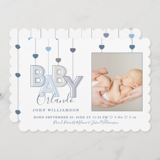 モダンベビー文字の生まれたばかりの男の赤ちゃん写真 案内状 (正面/裏面)
