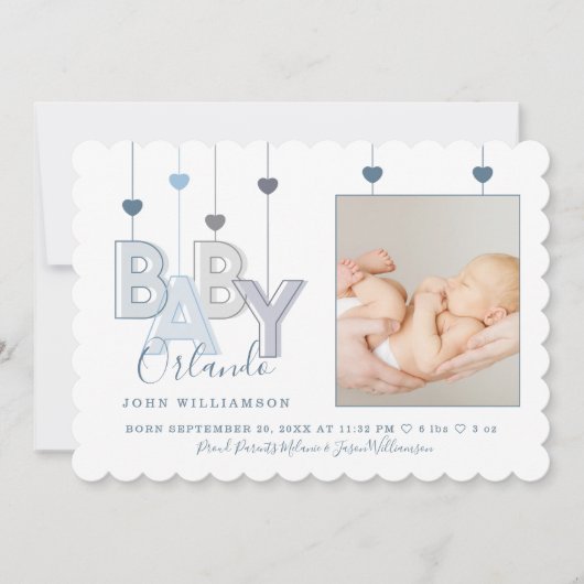 モダンベビー文字の生まれたばかりの男の赤ちゃん写真 案内状 (正面)