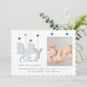 モダンベビー文字の生まれたばかりの男の赤ちゃん写真 案内状 (スタンド正面)