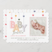 モダンベビー文生まれたばかりの書Baby Girl写真 案内状 (正面/裏面)